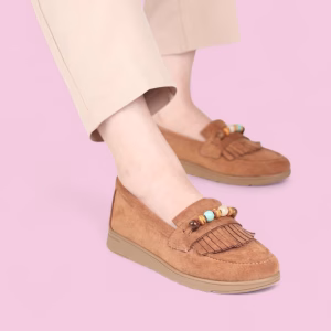 Mocassin en daim Souple avec perles – Marron – Réf RS006